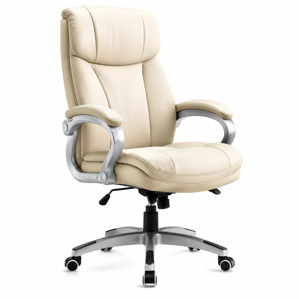 Sedia da Ufficio in Pelle Sintetica Crema con Base in Metallo Argento