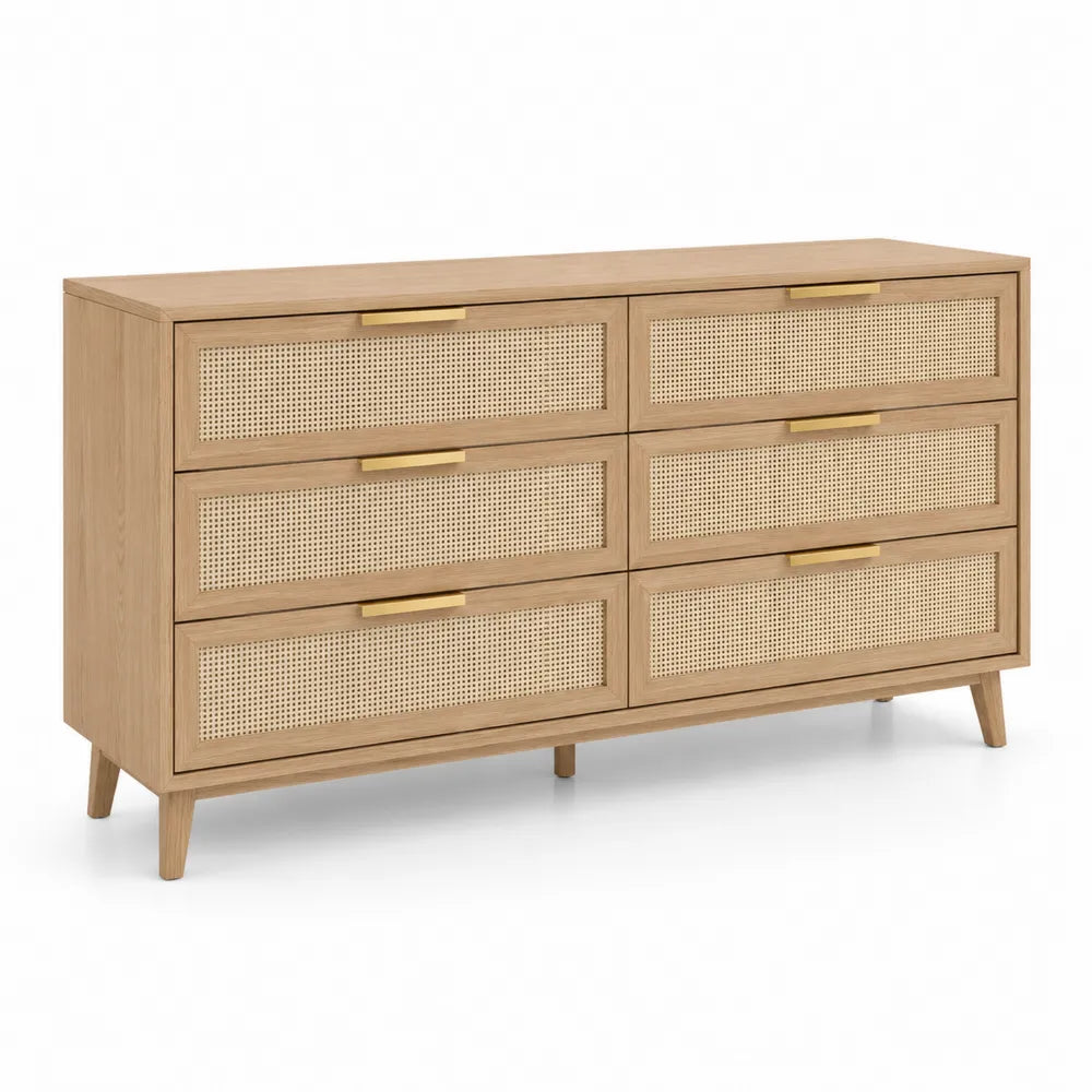 Cassettiera in legno e rattan con 6 cassetti