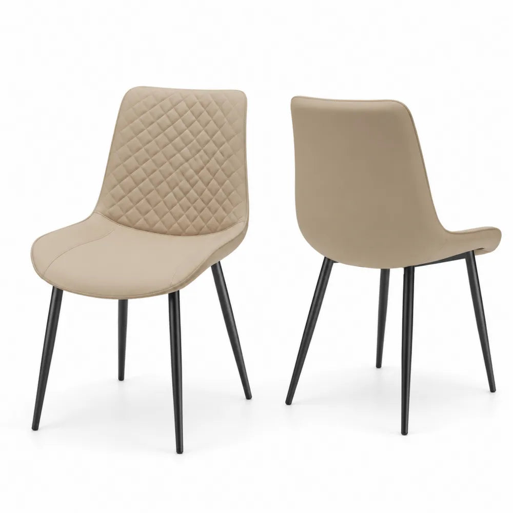 Sedie da Pranzo in Pelle PU Beige con Gambe in Metallo Nero, Set di 2